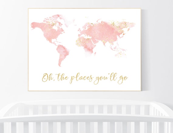 Nursery decor blush pink gold, girl room decor, world map print nursery, world map print watercolor, nursery wall art, blush gold