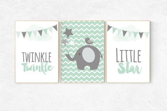 Twinkle Twinkle Little Star, Mint nursery decor, cloud nursery, elephant nursery, gender neutral, Baby Boy, Baby Girl, Nursery Wall Art,