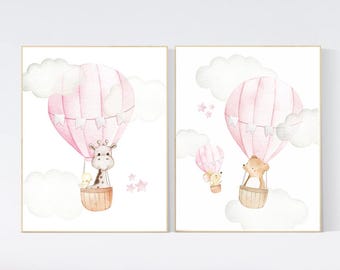 Woodland Nursery Print: Pink Hot Air Balloon Animals