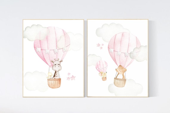 Nursery decor girl woodland, hot air balloon nursery, nursery decor woodland animal, hot air balloon nursery animal, pink nursery print
