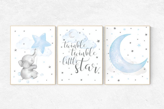 Nursery decor boy, nursery decor boy elephant, nursery wall art boy, twinkle twinkle little star, cloud and raindrops elephant nursery print