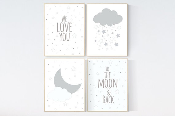 Gray nursery art, We love you to the moon and back, star nursery decor, nursery decor, moon nursery, neutral nursery wall art, grey nursery