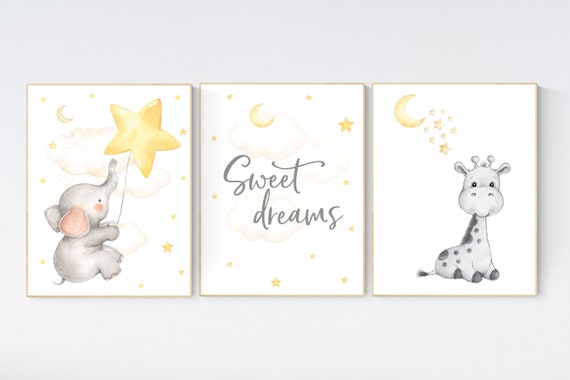 Nursery wall art neutral, nursery wall art elephant giraffe, moon and stars, gender neutral, baby room decor, baby room wall art, yellow