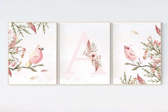 Nursery decor girl floral, Nursery wall art birds, nursery decor girl flower, baby bird nursery, spring theme baby shower, bird nursery art