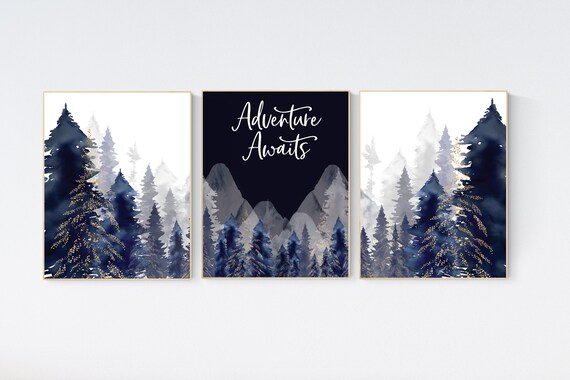 Woodland Nursery Decor, Baby Boy Nursery, Mountain Nursery, Adventure Awaits Print, Nursery decor boy, woodland nursery, navy gold