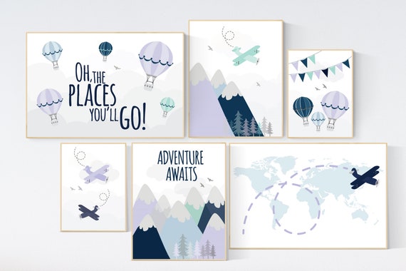 Nursery decor girl adventure, mountain, purple nursery, lilac, navy, mint, adventure awaits, adventure theme, hot air balloon nursery art