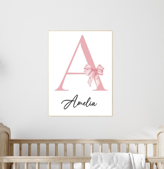Personalized Initial Name Print for Girls | Pink Bow Nursery Wall Art | Custom Baby Girl Room Decor | Monogram Letter Poster for Kids