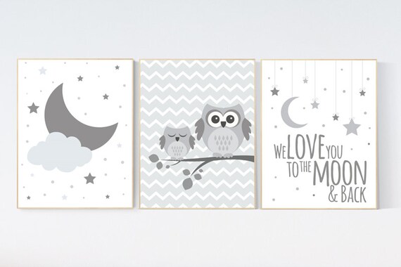 Gray nursery, Gender neutral nursery, owl nursery decor, Nursery Decor, grey baby room decor, we love you to the moon and back, moon, stars