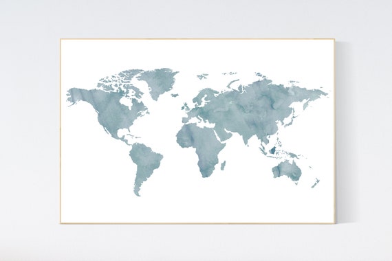 World map nursery, blue world map, world map wall art nursery, nursery wall art world map, travel themed nursery, blue nursery decor