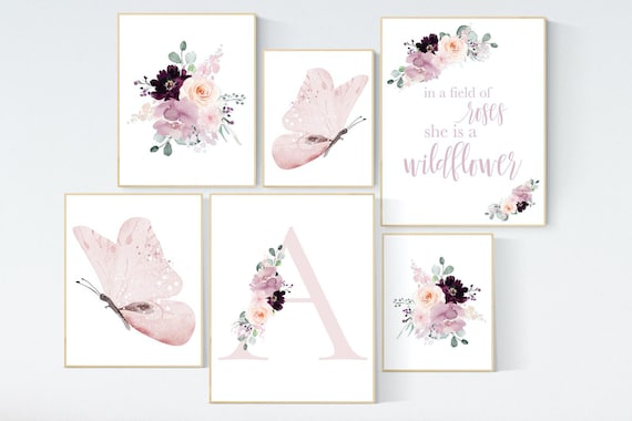 Nursery decor girl purple, mauve, Burgundy, floral nursery, flower nursery, butterfly, in a field of roses she is a wildflower, blush