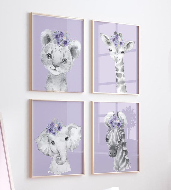 Purple Safari Animal Nursery Prints: Elephant, Giraffe, Bear, Zebra