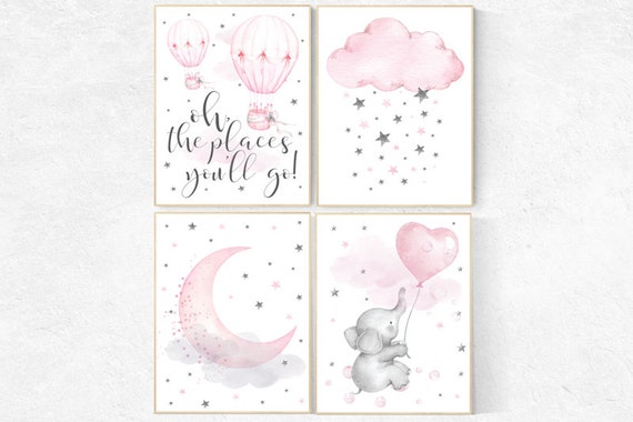 Nursery decor hot air balloons, Nursery decor elephant, nursery decor pink and gray, oh the places you'll go, pink nursery, hot air balloon