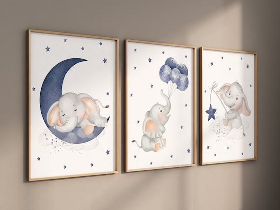 Elephant nursery, navy blue nursery, boys room decor, nursery prints for boys room, navy nursery, elephant print, moon nursery, animal print