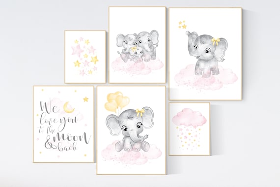 Nursery wall art girl pink and yellow, elephant nursery decor, nursery decor girl pink, moon and stars, girl nursery wall art, elephant