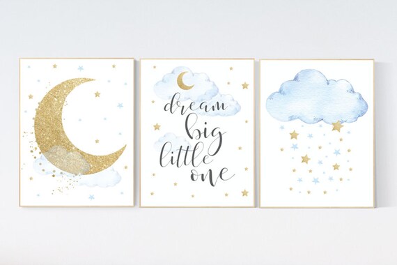 Nursery decor boy, blue and gold nursery, dream big little one, blue nursery wall art, cloud and stars, baby room decor, boys room decor