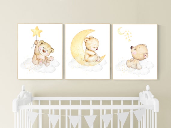 Nursery decor bear, gender neutral nursery wall art, yellow nursery, bear nursery print, teddy bear decor, nursery wall art animals, yellow