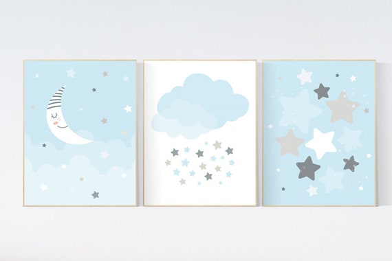 Baby boy nursery decor, Blue gray nursery, Twinkle Twinkle Little Star, moon nursery art, boys room wall art, baby room prints, set of 3