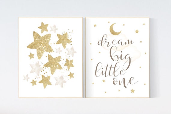 Gold nursery decor, neutral nursery, gender neutral, cloud, moon and stars, gold nursery prints, nursery decor girl, Dream big little one