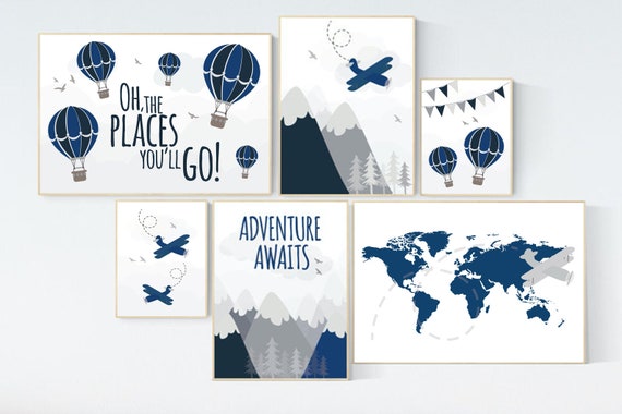 Nursery decor boy mountain, navy grey nursery decor, airplane, adventure awaits, hot air balloon, world map, navy gray, grey, travel theme