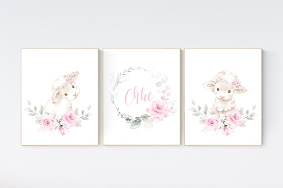 Sheep nursery decor, girl nursery decor, lamb nursery, flower nursery wall art, pink nursery, name print, sheep prints, girls bedroom