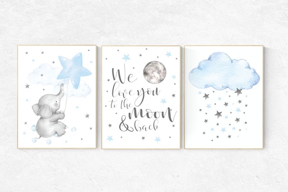 Elephant nursery, Blue and gray, we love you to the moon and back, Nursery decor boy, nursery decor, boys room, clouds and stars, blue grey