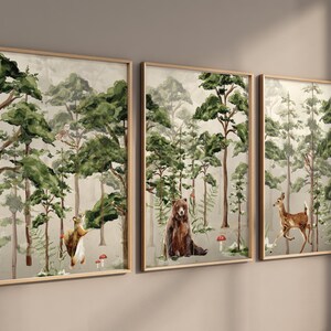 Nursery decor woodland, mountain wall art, tree nursery decor, adventure theme nursery, forest, sage green, beige, woodland animals
