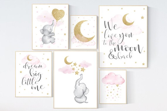 Nursery wall art girl, giraffe nursery, baby room decor girl gold and pink, we love you to the moon and back, moon and stars, elephant