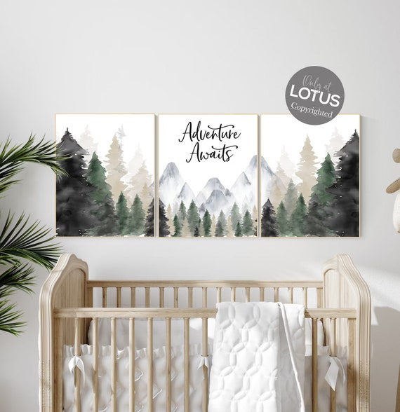 Nursery decor mountain, nursery wall art, tree nursery decor, adventure theme nursery, forest, sage green, beige, woodland animals