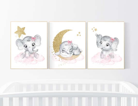 Girl nursery decor, pink and gold, elephant nursery prints, nursery wall art girl, baby girl elephant nursery decor, girl nursery wall art