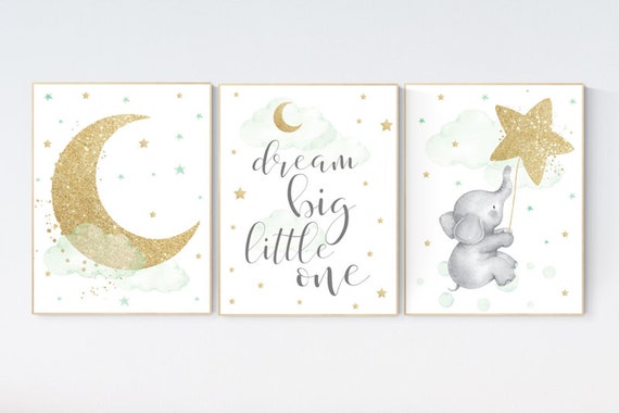 Nursery decor elephant, nursery decor neutral. neutral, green nursery wall art,green gold nursery, moon and stars nursery, gold nursery