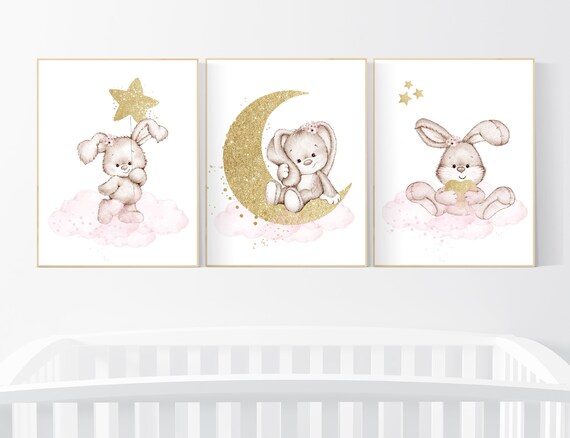 Nursery decor girl flower bunny, nursery wall art bunny, pink gold nursery decor, bunny print nursery girl, rabbit nursery, rabbit print