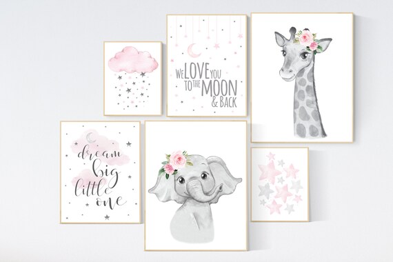 Nursery wall art girl animals, pink grey, elephant, giraffe, animal prints, nursery decor girl pink, moon and stars, girl nursery decor