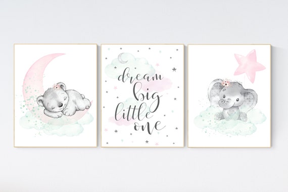 Nursery decor girl pink mint, Nursery wall art girl elephant, pink and mint, moon, stars, nursery prints, baby room decor, girl nursery
