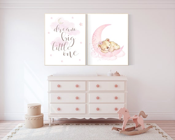 Nursery wall art bear, girl nursery decor animals,  nursery decor woodland, nursery prints girl, girls room, dream big little one teddy bear