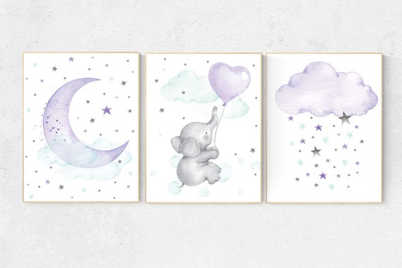 Moon and stars nursery, Nursery decor girl purple, Nursery decor girl elephant, elephant nursery, girl nursery wall art, lilac, turquoise