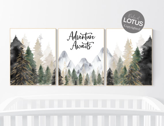 Nursery decor woodland, mountain wall art, tree nursery decor, adventure theme nursery, forest, sage green, beige, woodland animals