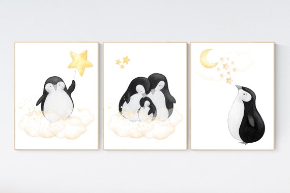 Penguin nursery, yellow nursery wall art, gender neutral nursery, baby room wall art, nursery wall art penguin, nursery art yellow, penguins