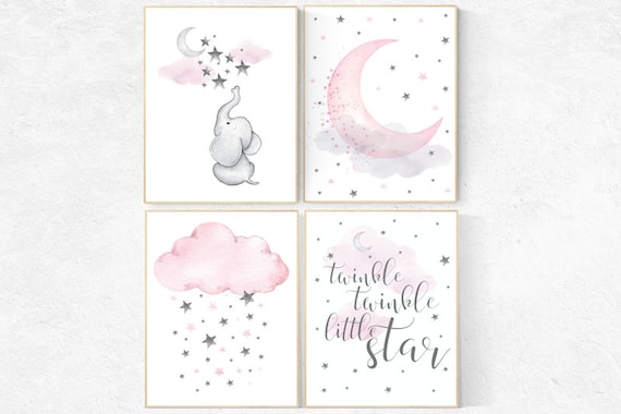 Nursery decor girl pink and gray, elephant nursery, nursery decor girl pink, twinkle twinkle little star, pink and grey, cloud and stars