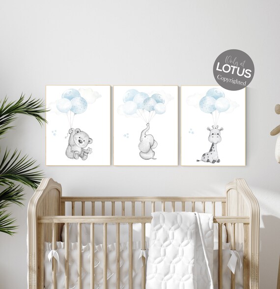 Nursery wall art animals, baby room decor blue gray, baby room decor bear, elephant, giraffe, animal nursery decor, nursery prints