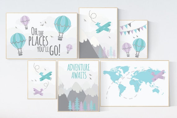 Nursery decor boy mountains adventure, mountain nursery art, adventure awaits. mountain, hot air balloon, planes, world map, teal lilac