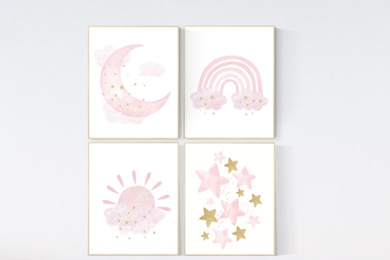 Pink gold nursery, Nursery wall art girl, rainbow, moon and star, cloud, sun, baby room decor, girl nursery art, gold nursery wall decor