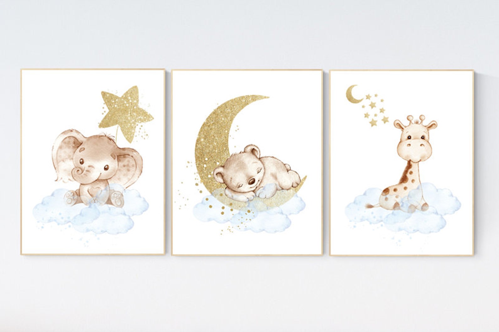 Nursery Wall Art Animals Baby Room Decor Blue Gold Baby Room Etsy