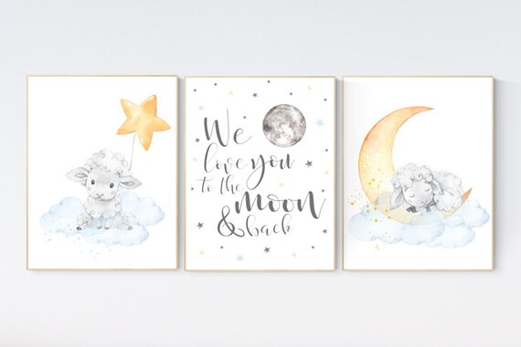 Blue yellow nursery, nursery decor neutral, lamb, farm animals, Sheep nursery, moon and stars, nursery decor animals, gender neutral