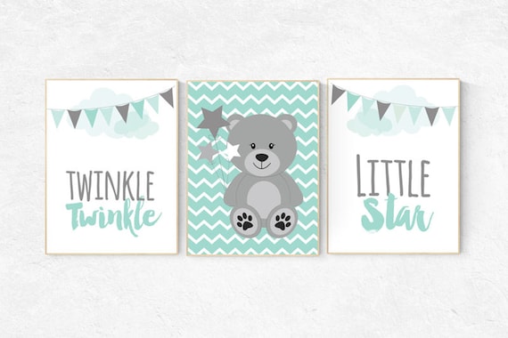 Twinkle Twinkle Little Star, Mint nursery decor, teddy bear nursery, gender neutral baby, Baby Boy Nursery Wall Art, mint gray, mint gray