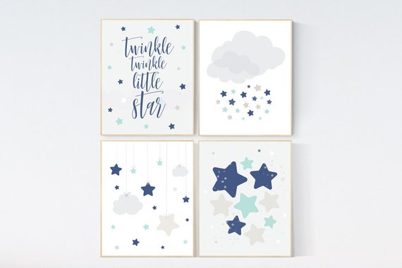 Twinkle Twinkle Little Star, Baby boy nursery decor, navy teal gray nursery, boys room wall art, baby room prints, moon and star nursery