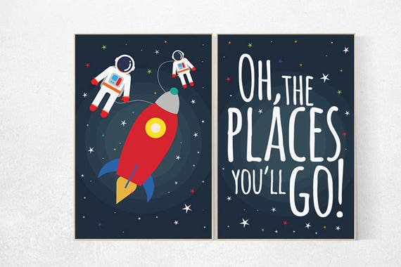 Nursery decor space, Oh the places you'll go, space nursery wall art, nursery decor boy wall art, navy nursery decor, childrens room decor