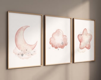 Blush Pink Nursery Prints: Moon, Stars, Cloud Art