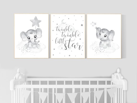 Nursery wall art grey, gray nursery, elephant, nursery decor neutral, baby room decor gender neutral, moon and stars, grey nursery decor