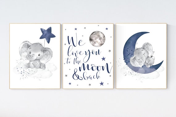 Nursery decor elephant, navy nursery decor, we love you to the moon and back, moon and stars, navy blue nursery art, elephant nursery art