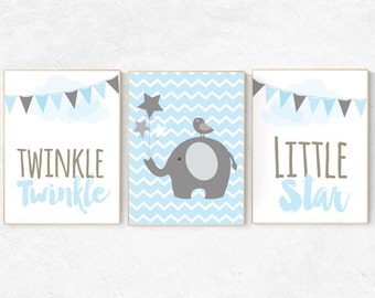 Elephant Nursery Art Prints: Chevron, Twinkle Star, Blue Baby Decor